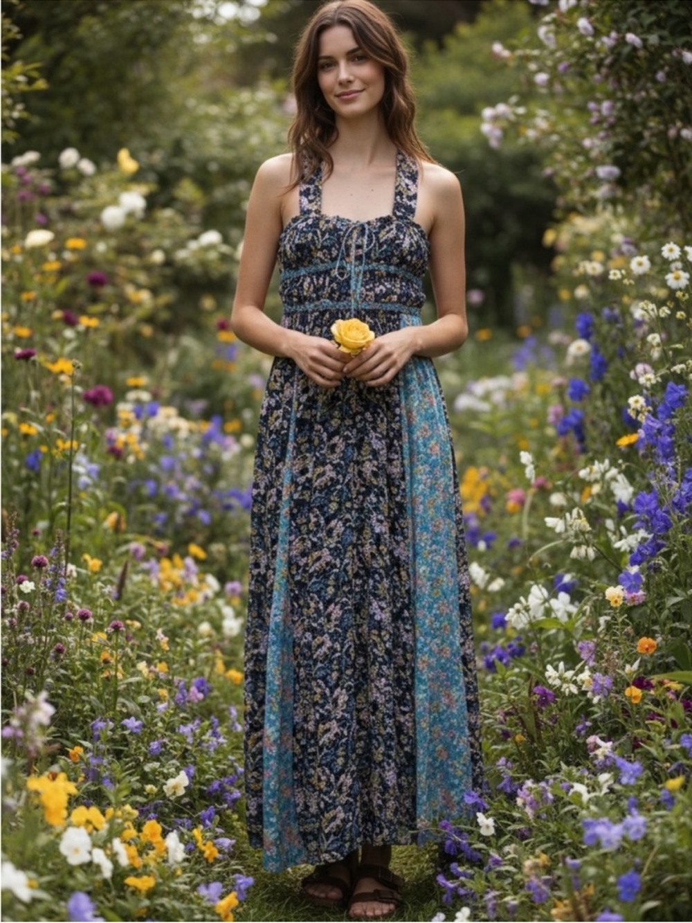 Free People Dance With Me Mixed Floral Halter Maxi Dress Adjustable Front Ties M